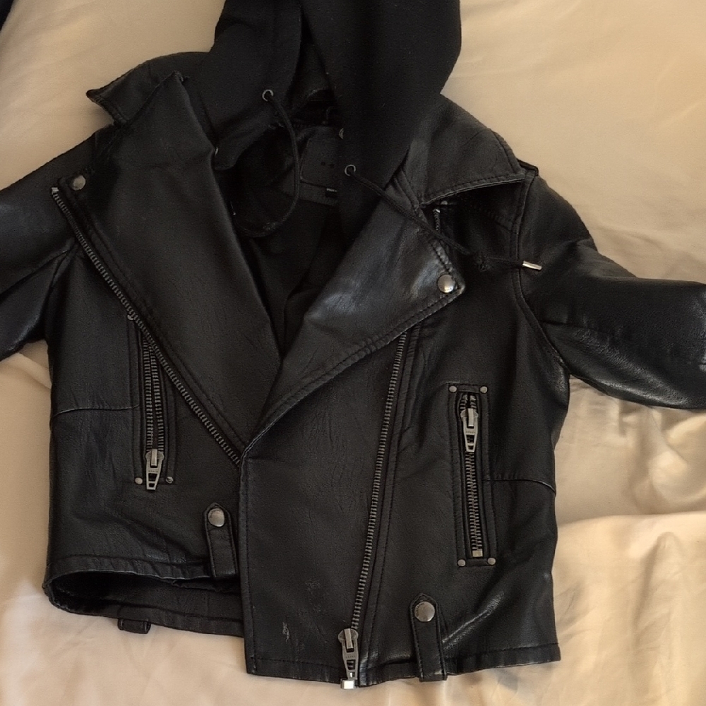 Black Faux Leather Jacket with Hoodie